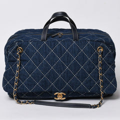 Very good condition CHANEL Boston bag shoulder bag wild stitch 28th series here mark Large Bowling Bag denim leather gold hardware used 4a005955