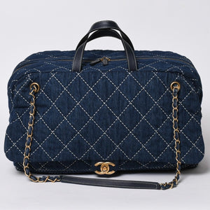 Very good condition CHANEL Boston bag shoulder bag wild stitch 28th series here mark Large Bowling Bag denim leather gold hardware used 4a005955