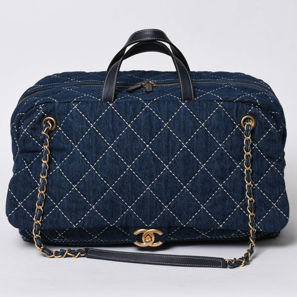 Very good condition CHANEL Boston bag shoulder bag wild stitch 28th series here mark Large Bowling Bag denim leather gold hardware used 4a005955