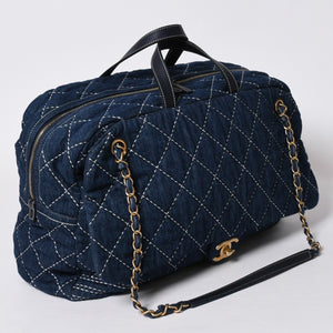 Very good condition CHANEL Boston bag shoulder bag wild stitch 28th series here mark Large Bowling Bag denim leather gold hardware used 4a005955