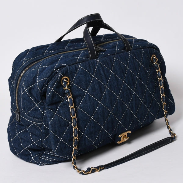 Very good condition CHANEL Boston bag shoulder bag wild stitch 28th series here mark Large Bowling Bag denim leather gold hardware used 4a005955