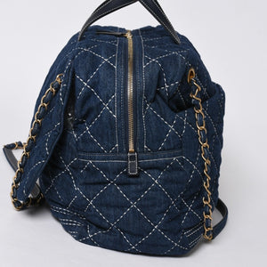 Very good condition CHANEL Boston bag shoulder bag wild stitch 28th series here mark Large Bowling Bag denim leather gold hardware used 4a005955