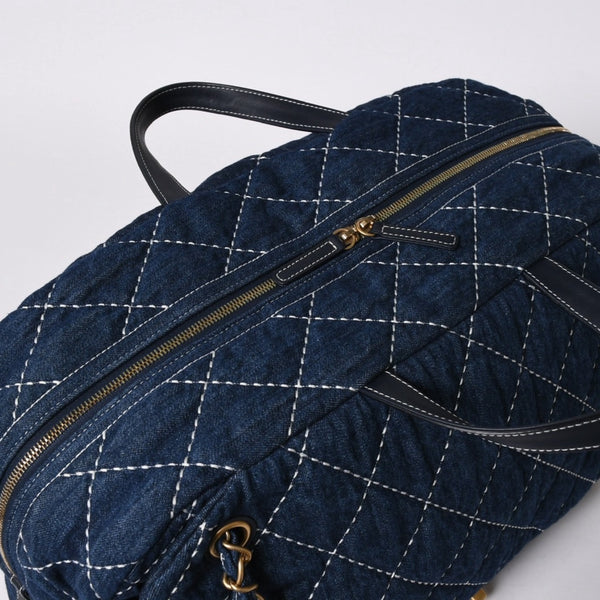 Very good condition CHANEL Boston bag shoulder bag wild stitch 28th series here mark Large Bowling Bag denim leather gold hardware used 4a005955