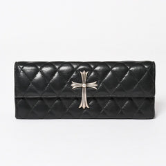 極美品 CHROME HEARTS クロムハーツ ディナーバッグ クラッチバッグ ラージクロス マトラッセ ラムスキン ブラック 中古 4a004080