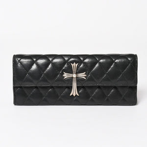 極美品 CHROME HEARTS クロムハーツ ディナーバッグ クラッチバッグ ラージクロス マトラッセ ラムスキン ブラック 中古 4a004080