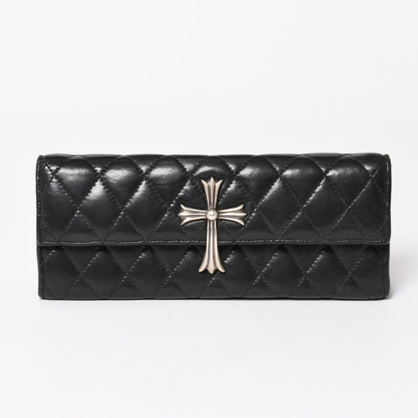 極美品 CHROME HEARTS クロムハーツ ディナーバッグ クラッチバッグ ラージクロス マトラッセ ラムスキン ブラック 中古 4a004080