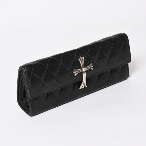 極美品 CHROME HEARTS クロムハーツ ディナーバッグ クラッチバッグ ラージクロス マトラッセ ラムスキン ブラック 中古 4a004080