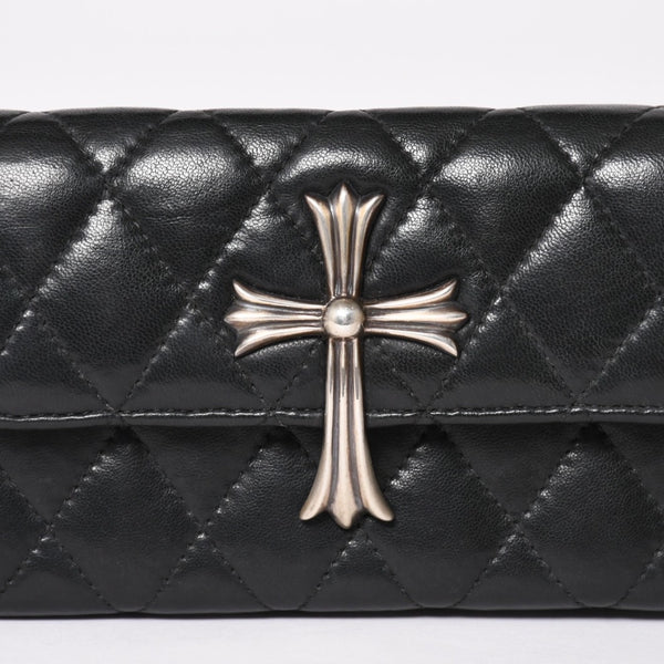 極美品 CHROME HEARTS クロムハーツ ディナーバッグ クラッチバッグ ラージクロス マトラッセ ラムスキン ブラック 中古 4a004080
