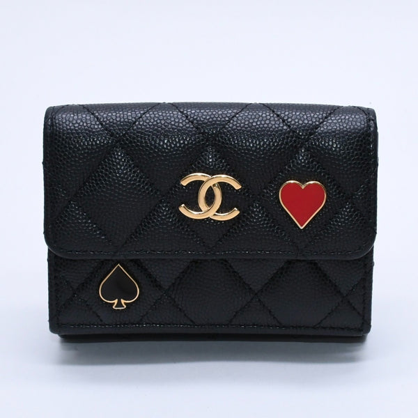 CHANEL Small Flap Wallet AP3081 Playing Card Motif Caviar Skin Black Red Heart Spade Mini Wallet Trifold Wallet Gold Hardware Good Condition Used 4a003881