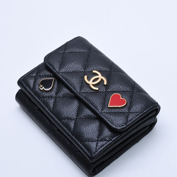 CHANEL Small Flap Wallet AP3081 Playing Card Motif Caviar Skin Black Red Heart Spade Mini Wallet Trifold Wallet Gold Hardware Good Condition Used 4a003881