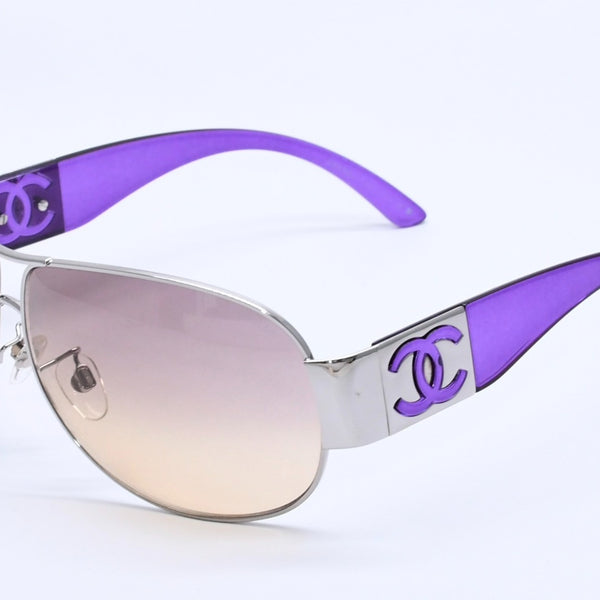 Very Good Condition CHANEL Teardrop Side Coco Mark Purple Frame Silver Hardware Sunglasses 4128 Used 4a004032