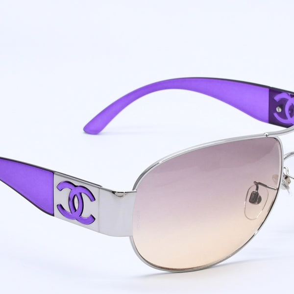 Very Good Condition CHANEL Teardrop Side Coco Mark Purple Frame Silver Hardware Sunglasses 4128 Used 4a004032
