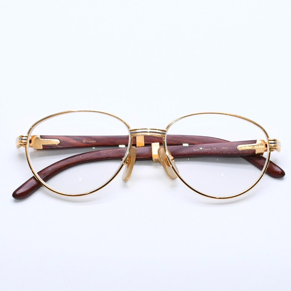極美品 CARTIER カルティエ トリニティ 伊達メガネ アイウェア サイズ52□16 135 ウッドテンプル メタル GP 中古 4a004170