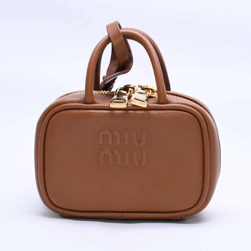 極美品 MIU MIU ミュウミュウ ボーレザーマイクロバッグ ブラウン ミニポーチ ミニバックチャーム レザー 5NR036 ゴールド金具 中古 4a003988