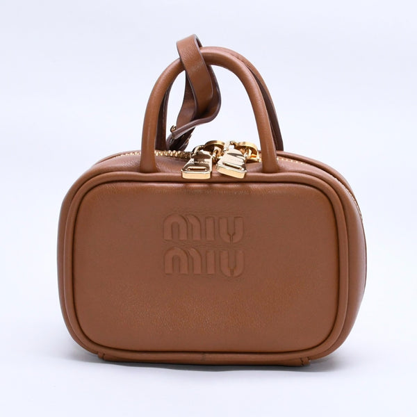 Very good condition MIU MIU Beau Leather Micro Bag Brown Mini Pouch Mini Back Charm Leather 5NR036 Gold Hardware Used 4a003988