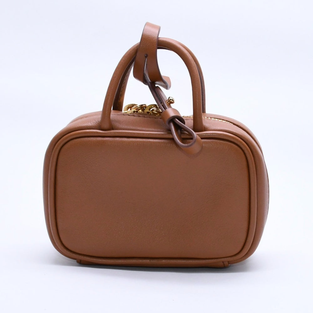 極美品 MIU MIU ミュウミュウ ボーレザーマイクロバッグ ブラウン ミニポーチ ミニバックチャーム レザー 5NR036 ゴールド金具 中古 4a003988