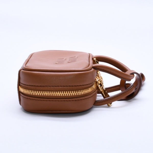 Very good condition MIU MIU Beau Leather Micro Bag Brown Mini Pouch Mini Back Charm Leather 5NR036 Gold Hardware Used 4a003988