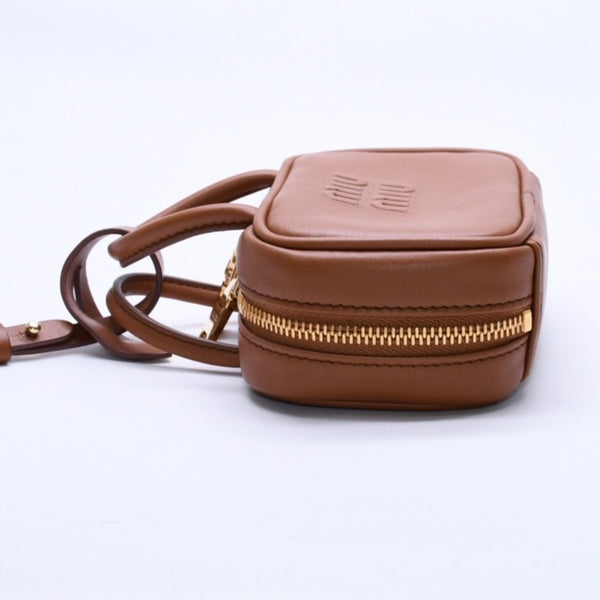Very good condition MIU MIU Beau Leather Micro Bag Brown Mini Pouch Mini Back Charm Leather 5NR036 Gold Hardware Used 4a003988