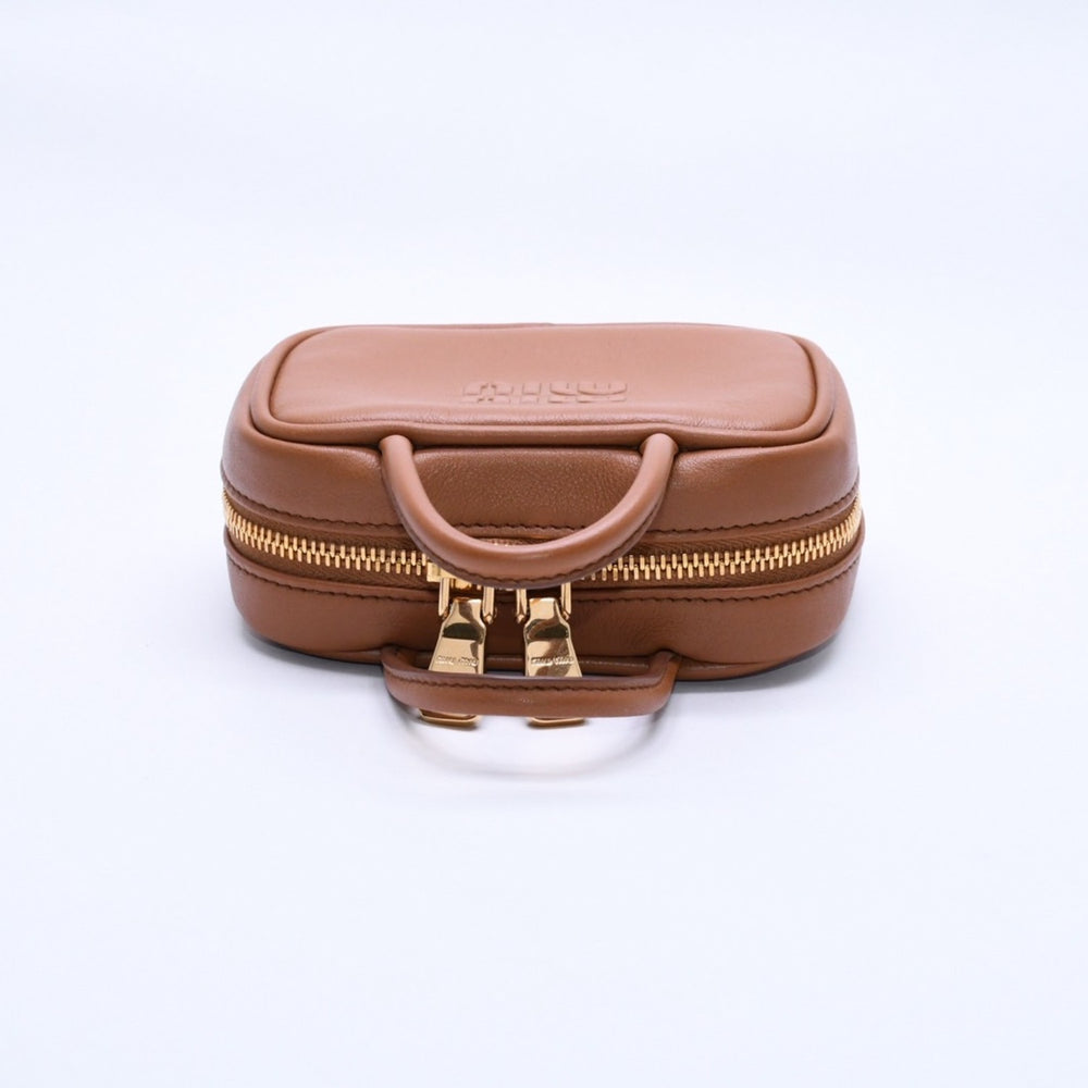 Very good condition MIU MIU Beau Leather Micro Bag Brown Mini Pouch Mini Back Charm Leather 5NR036 Gold Hardware Used 4a003988