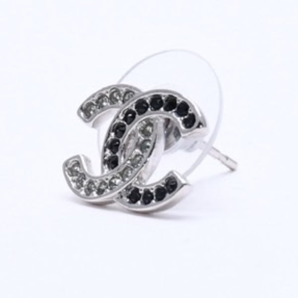 極美品 CHANEL シャネル ココマーク ピアス 重量約2.09g B18P刻印 メタル ラインストーン シルバー ブラック クリア 両耳用 中古 4a003142