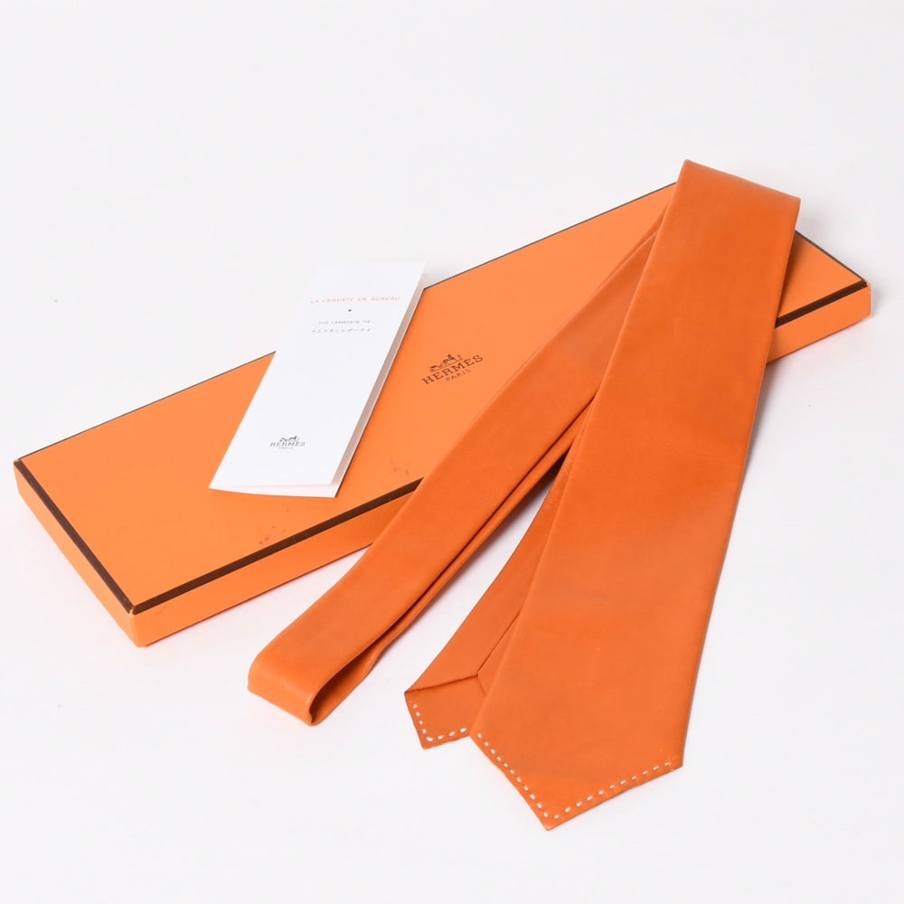 極美品 HERMES エルメス ラムスキン Leather レザー Tie ネクタイ Orange オレンジ 白ステッチ 中古 4a003672