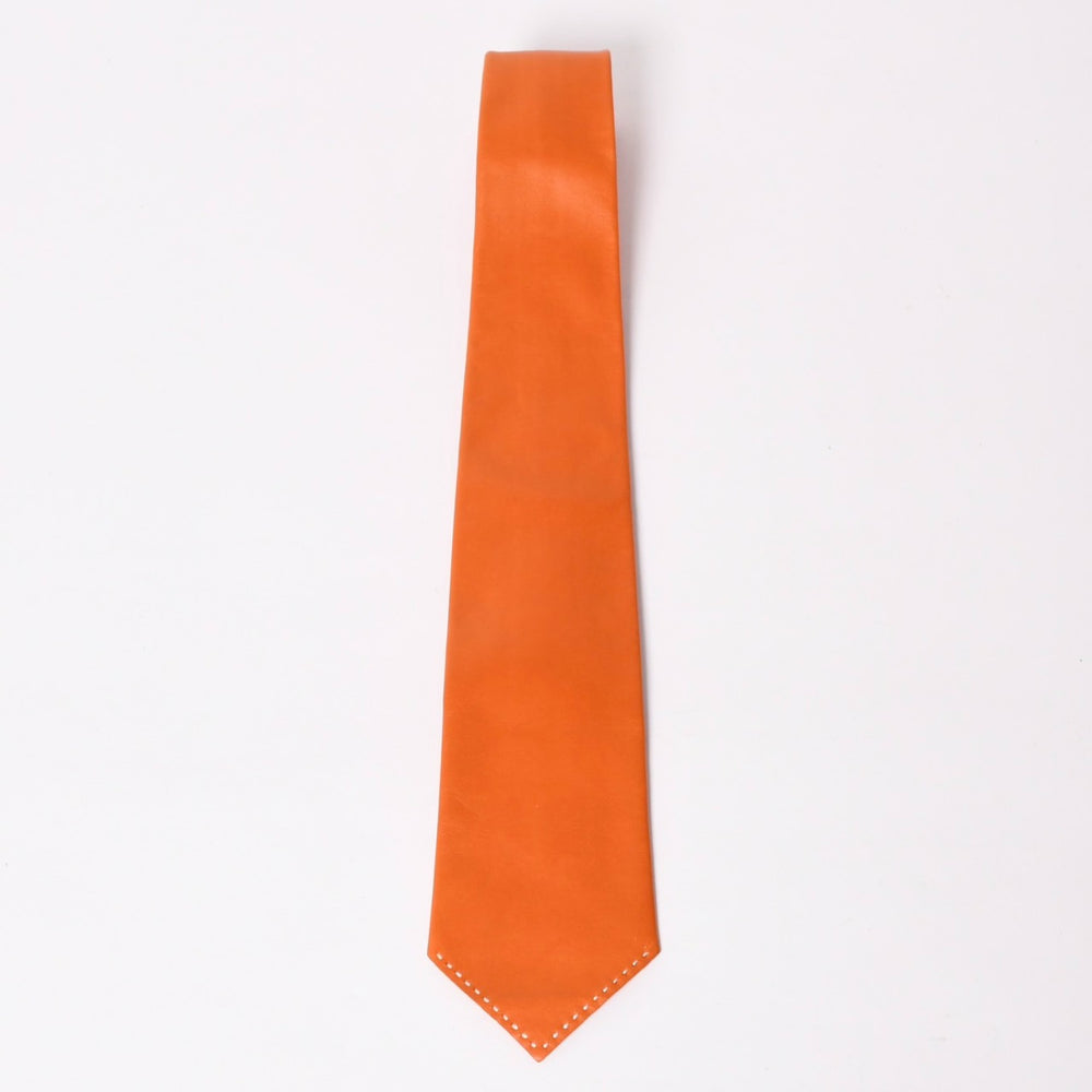 極美品 HERMES エルメス ラムスキン Leather レザー Tie ネクタイ Orange オレンジ 白ステッチ 中古 4a003672