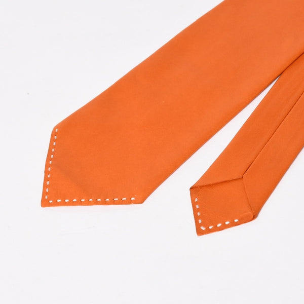 Very Good Condition HERMES Lambskin Leather Tie Orange White Stitch Used 4a003672