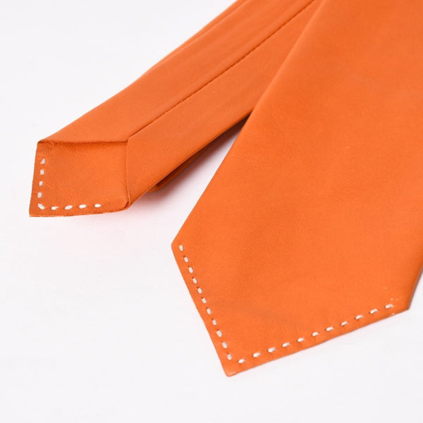 Very Good Condition HERMES Lambskin Leather Tie Orange White Stitch Used 4a003672