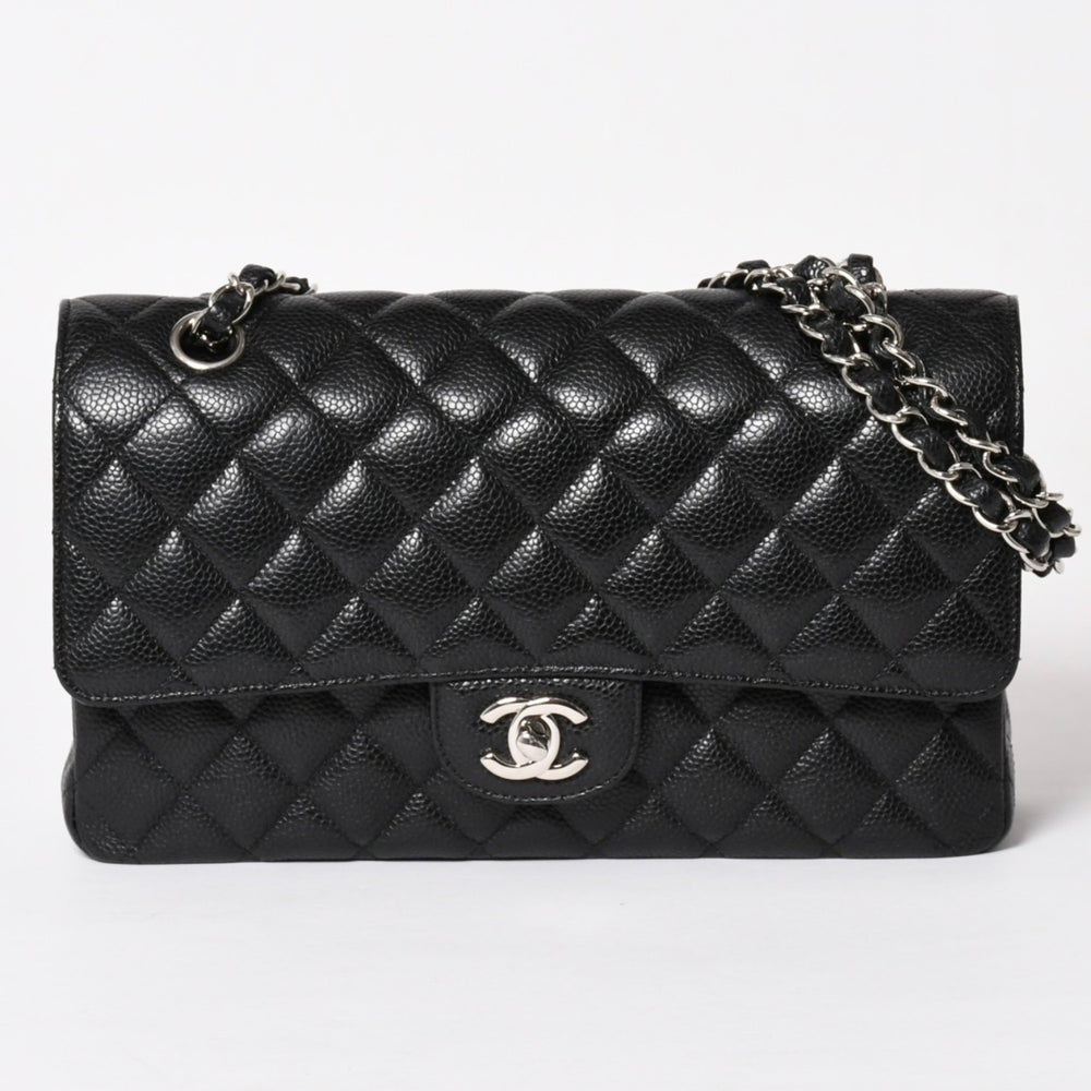 極美品 CHANEL シャネル マトラッセ25 Wフラップ Wチェーンショルダーバッグ 19番台 ココマーク キャビアスキン ブラック 中古 4a004054
