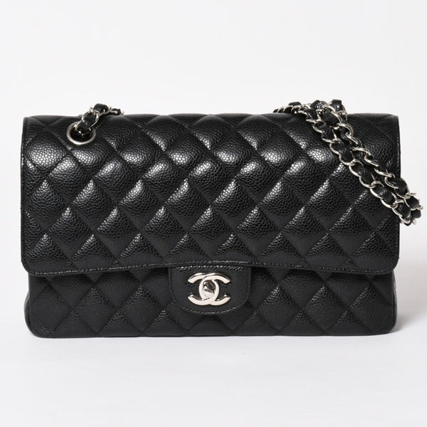 Very Good Condition CHANEL Chanel Matelasse 25 W Flap W Chain Shoulder Bag No. 19 Coco Mark Caviar Skin Black Used 4a004054