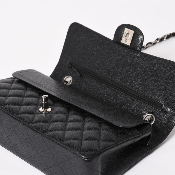 Very Good Condition CHANEL Chanel Matelasse 25 W Flap W Chain Shoulder Bag No. 19 Coco Mark Caviar Skin Black Used 4a004054