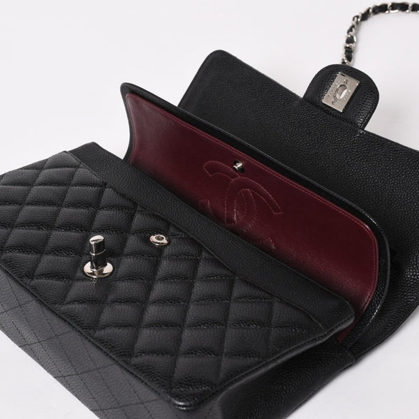 Very Good Condition CHANEL Chanel Matelasse 25 W Flap W Chain Shoulder Bag No. 19 Coco Mark Caviar Skin Black Used 4a004054