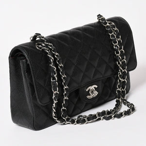 Very Good Condition CHANEL Chanel Matelasse 25 W Flap W Chain Shoulder Bag No. 19 Coco Mark Caviar Skin Black Used 4a004054