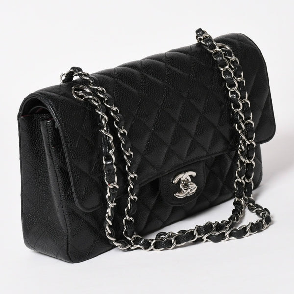 Very Good Condition CHANEL Chanel Matelasse 25 W Flap W Chain Shoulder Bag No. 19 Coco Mark Caviar Skin Black Used 4a004054