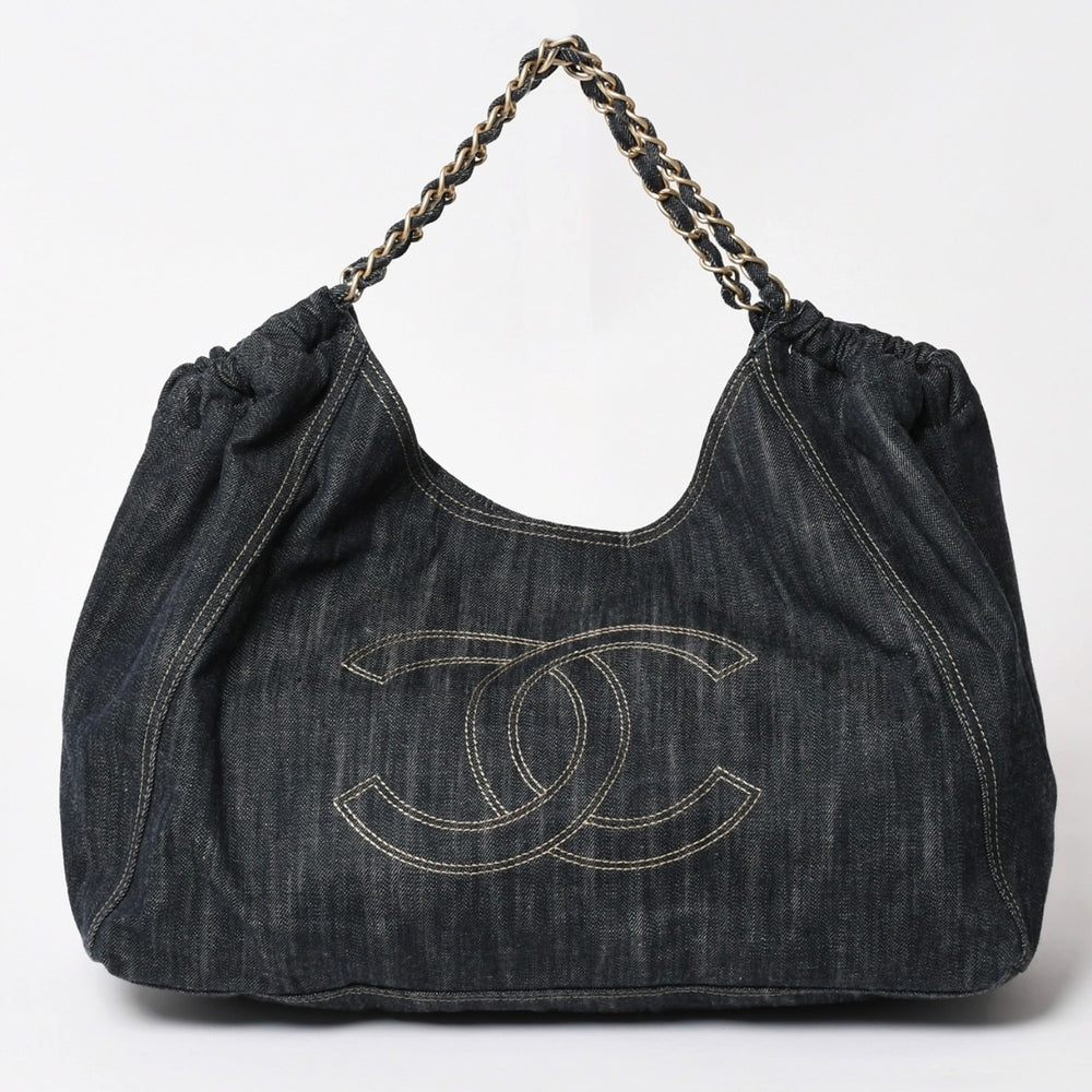 極美品 CHANEL シャネル COCO CABAS GM ココカバス GM チェーントートバッグ A35109 13番台 ココマーク スパークリングデニム 中古 4a004055