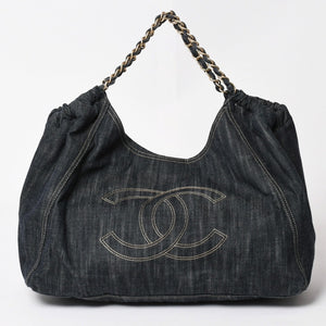 極美品 CHANEL シャネル COCO CABAS GM ココカバス GM チェーントートバッグ A35109 13番台 ココマーク スパークリングデニム 中古 4a004055