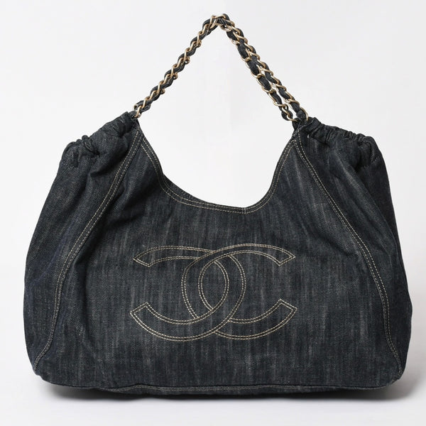 極美品 CHANEL シャネル COCO CABAS GM ココカバス GM チェーントートバッグ A35109 13番台 ココマーク スパークリングデニム 中古 4a004055