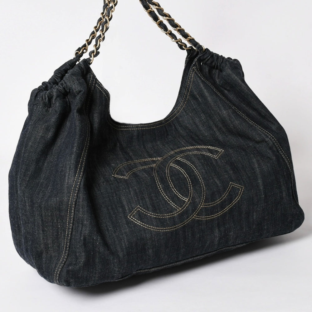 Very Good Condition CHANEL COCO CABAS GM Coco CABAS GM Chain Tote Bag A35109 13th Series Coco Mark Sparkling Denim Used 4a004055