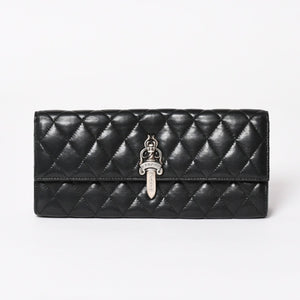 極美品 CHROME HEARTS クロムハーツ ディナーバッグ クラッチバッグ ラージダガー マトラッセ ラムスキン ブラック 中古 4a004093