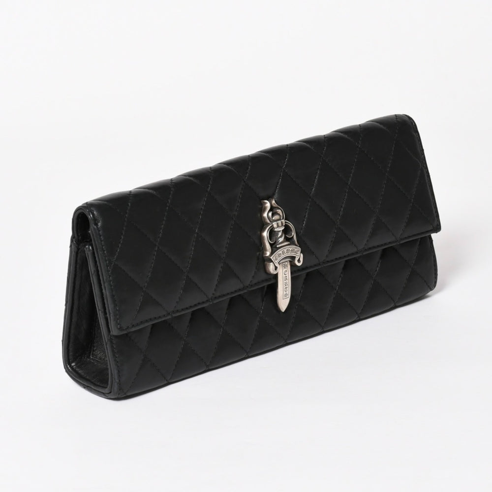 極美品 CHROME HEARTS クロムハーツ ディナーバッグ クラッチバッグ ラージダガー マトラッセ ラムスキン ブラック 中古 4a004093