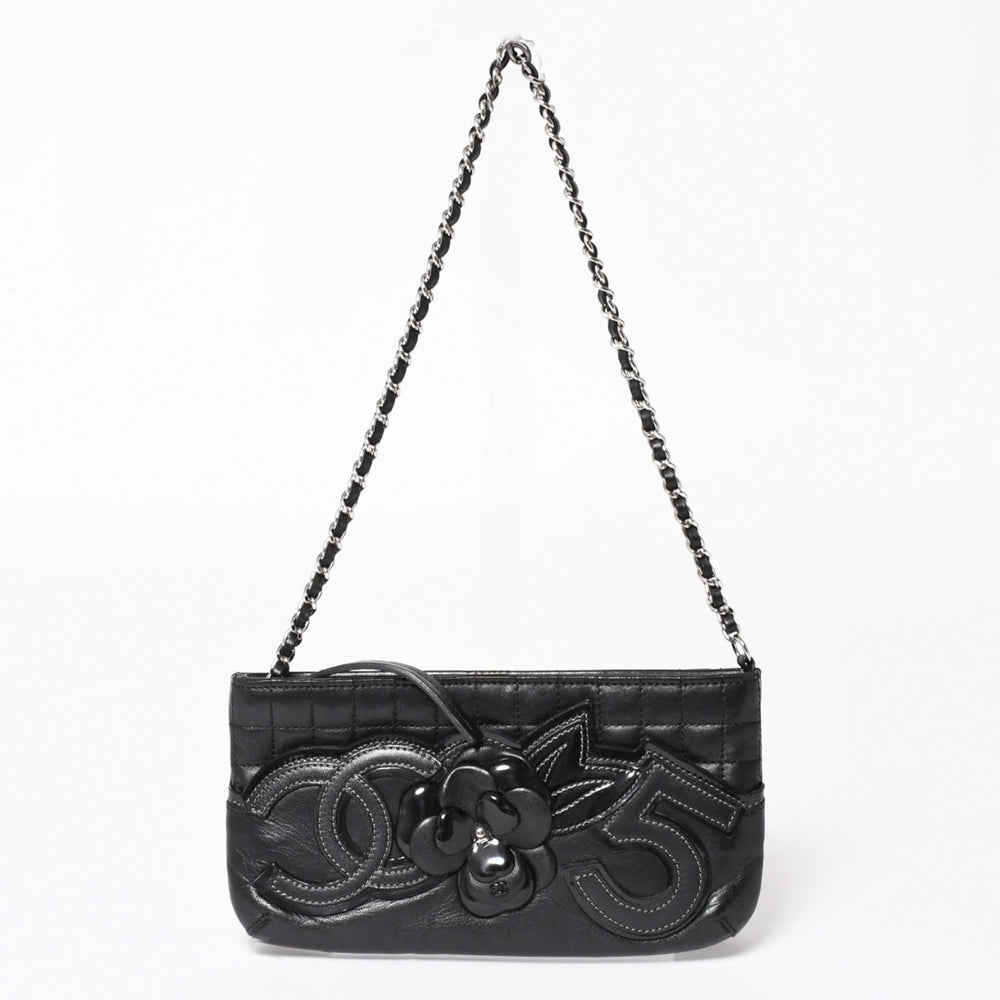 CHANEL Chocolate Bar Camellia NO.5 Coco Mark Chain Shoulder Bag No. 10 Leather Black Silver Hardware Good Condition Used 4a004249