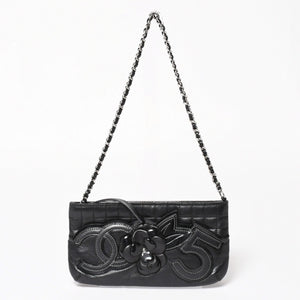 CHANEL シャネル チョコバー カメリア NO.5 ココマーク チェーンショルダーバッグ 10番台 レザー ブラック シルバー金具 美品 中古 4a004249