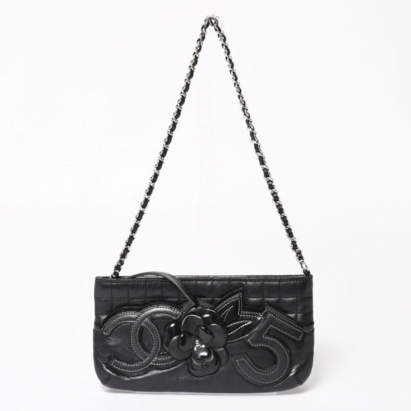 CHANEL シャネル チョコバー カメリア NO.5 ココマーク チェーンショルダーバッグ 10番台 レザー ブラック シルバー金具 美品 中古 4a004249