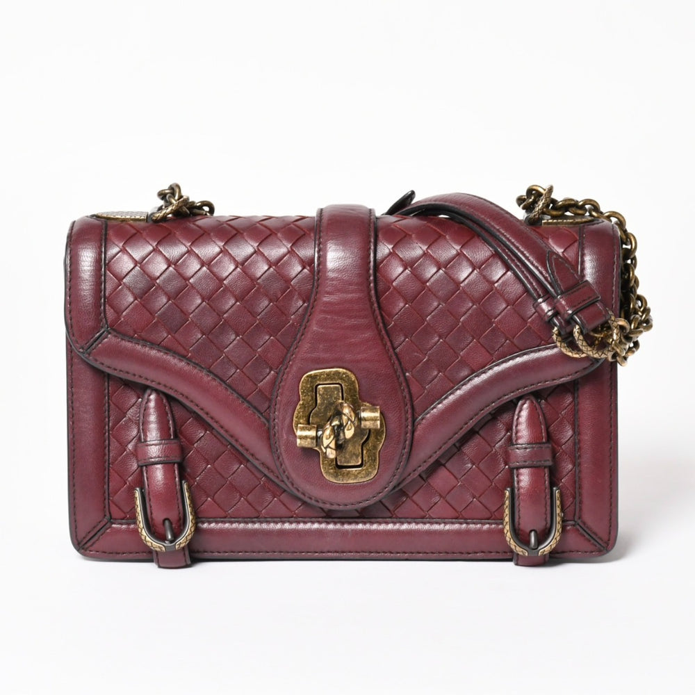 BOTTEGA VENETA ボッテガヴェネタ イントレチャート オリンピアノット チェーンショルダー レッド カーフ ワインレッド 美品 中古 4a003896
