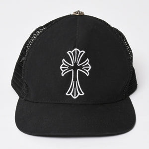 極美品 CHROME HEARTS クロムハーツ ベースボールキャップ CHクロス 刺繍 トラッカーキャップ 帽子 ブラック 4a004103