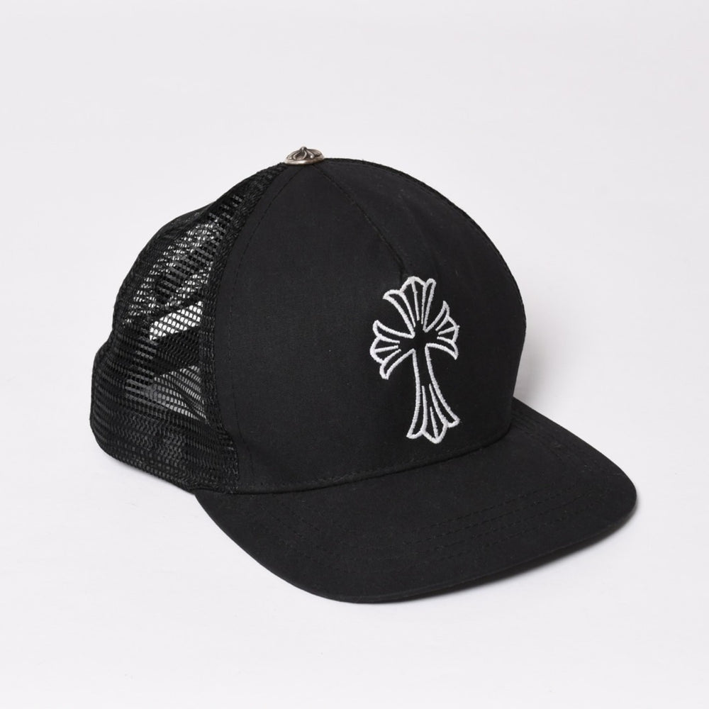 極美品 CHROME HEARTS クロムハーツ ベースボールキャップ CHクロス 刺繍 トラッカーキャップ 帽子 ブラック 4a004103