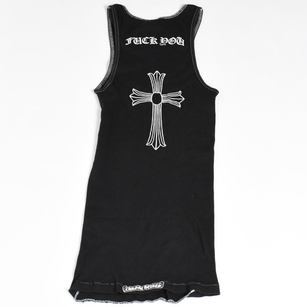 CHROME HEARTS クロムハーツ リブタンクトップ ノースリーブ ブラック Mサイズ CHクロス スクロールラベル Tバー 美品 中古 4a004106