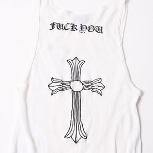CHROME HEARTS Ribbed Tank Top Sleeveless White L Size CH Cross Scroll Label T Bar Good Condition Used 4a004071