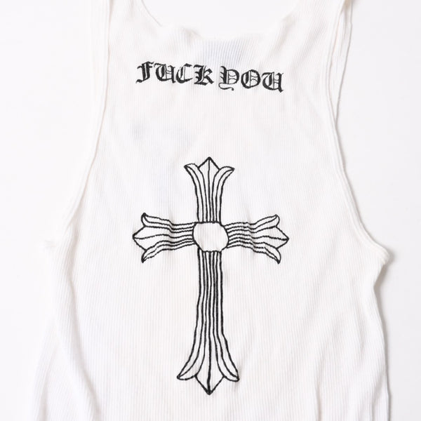 CHROME HEARTS Ribbed Tank Top Sleeveless White L Size CH Cross Scroll Label T Bar Good Condition Used 4a004071