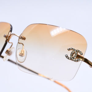 CHANEL Rimless Sunglasses Eyewear 4017-D c.125/56 Size 62□17 120 Coco Mark Rhinestone Good Condition Used 4a004033